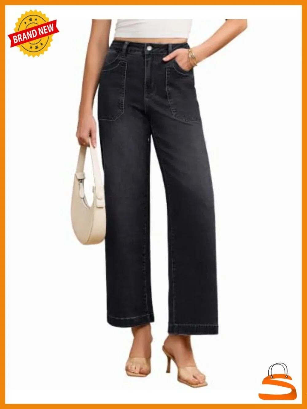 Wide Leg Jeans High Waisted Straight Leg Denim Pants Loose Stretchy Patch Pocket
